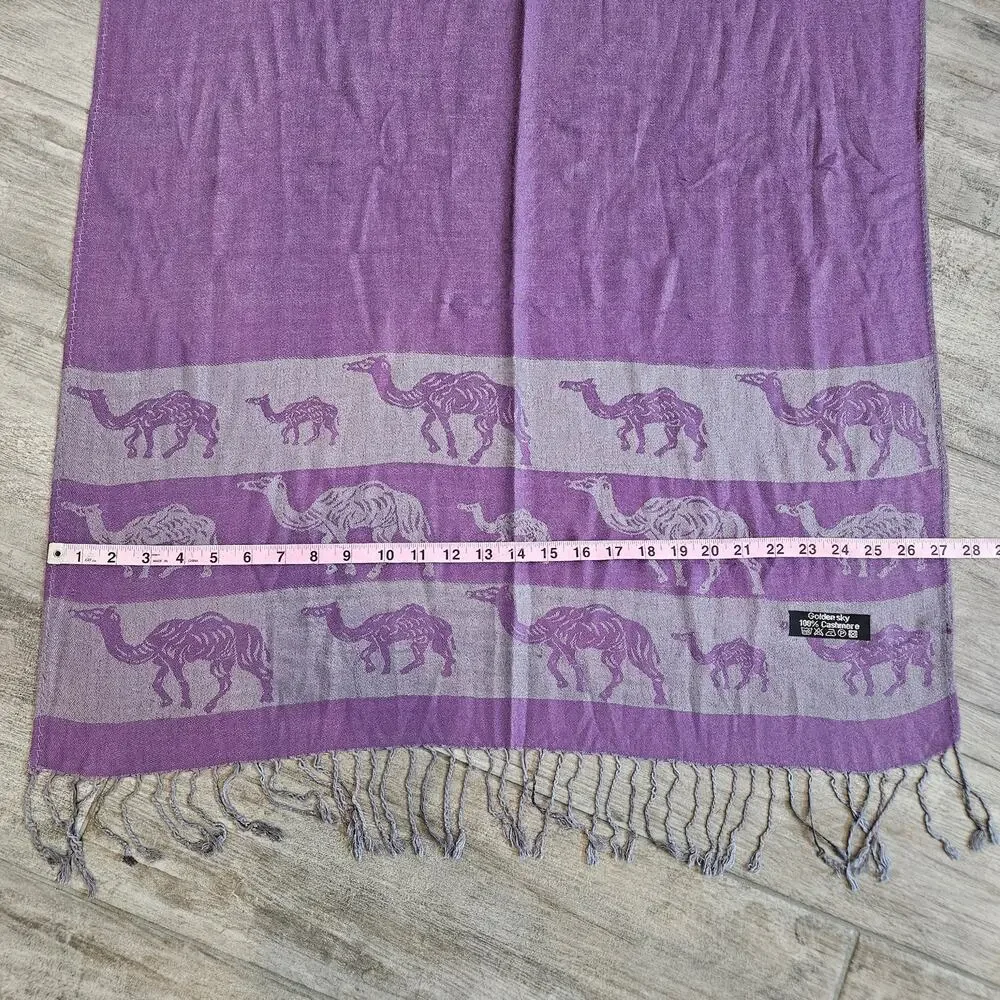 Golden Sky 100% Cashmere Scarf Purple Grey Camel‎ Print Shawl Wrap Winter Fall